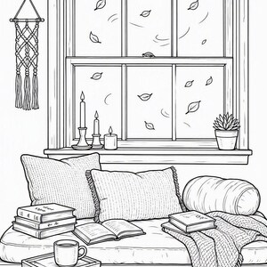May include: A black and white line art illustration of a cozy window seat featuring a window with falling leaves, a macrame wall hanging, candles, a potted plant, stacked books, a mug on a small table, pumpkins, and a throw blanket.