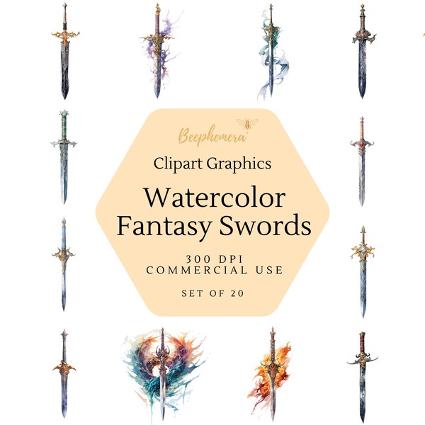 Watercolor Fantasy Swords Clipart - Magical daggers and blades inspired by fantasy, PNG format instant download for commercial use