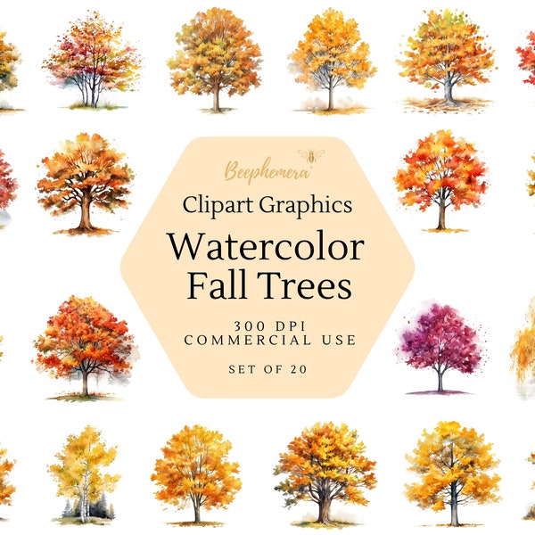 Watercolor Fall Trees Clipart - Autumn Forest Nature Tree Clip Art , PNG format | High-Quality, Instant Download for Commercial Use