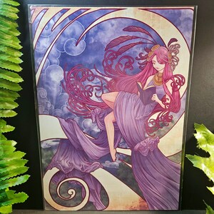 A4 art print: lady reading a book on the moon, Art Nouveau style poster, celestial gift for book lovers, unique home decor