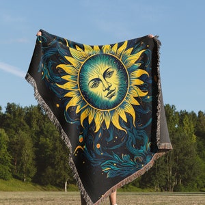 Celestial Sun And Moon Whimsigoth Poster Woven Blanket - Gift For Girlfriend, Mystical Boho Decor, Perfect For Astrology Lovers