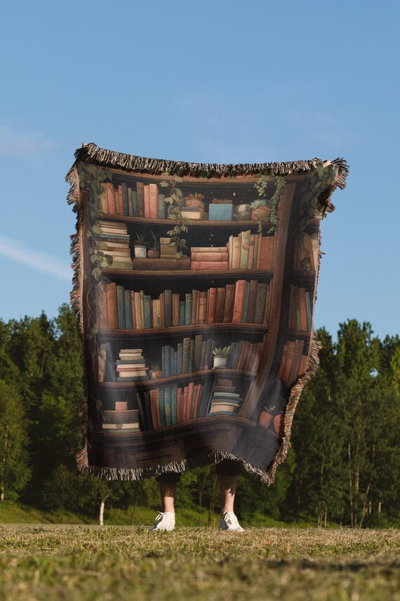 Dark Academia Woven Blanket Book Lover Gift For Her Versatile Cotton Tapestry College Decor Bookshelf Wall Art