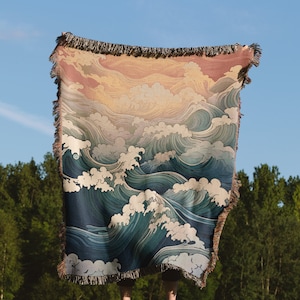 Sunset Waves Woven Blanket - Traditional Japanese Style Art - Tranquil And Aesthetic Home Decor - Perfect Gift For Zen Seekers
