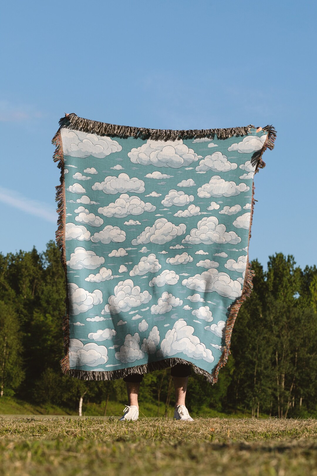 Blue Cloud Sky Woven Baby Blanket With Fringed Edges Etsy