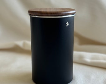 Elegant Stainless Steel Matte Black Coffee Canister with Walnut Lid, Airtight Kitchen Storage Container