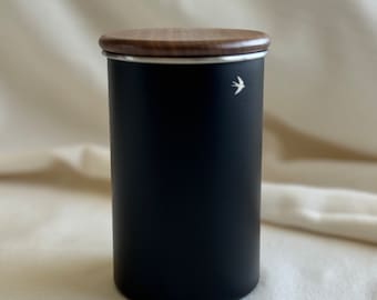 Elegant Stainless Steel Matte Black Coffee Canister with Walnut Lid, Airtight Kitchen Storage Container