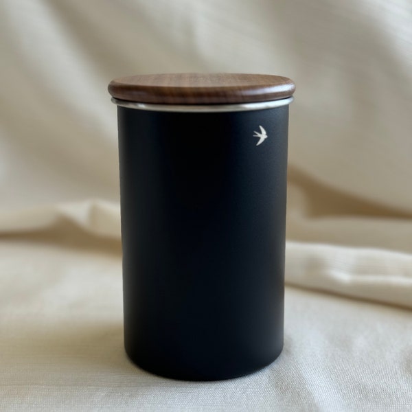 Elegant Stainless Steel Matte Black Coffee Canister with Walnut Lid, Airtight Kitchen Storage Container