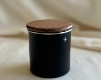 Elegant Stainless Steel Matte Black Coffee Canister with Walnut Lid, Airtight Kitchen Storage Container