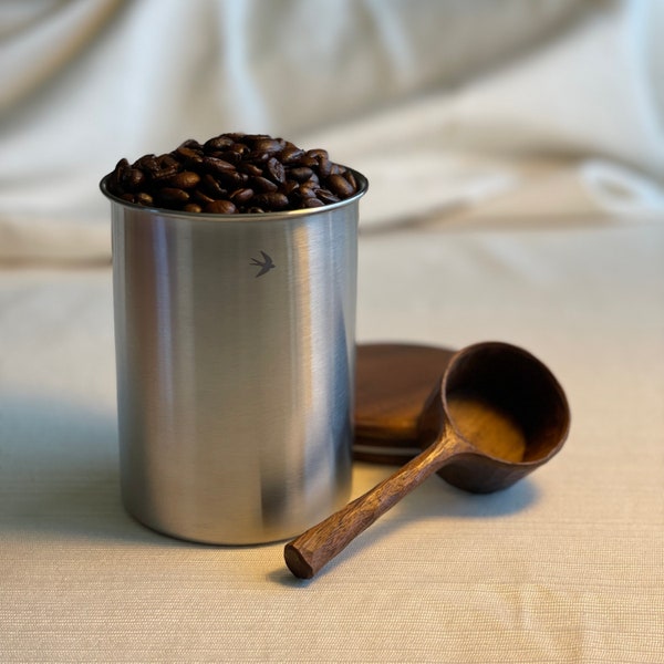 Elegant Stainless Steel Coffee Canister with Walnut Lid, Airtight Kitchen Storage Container