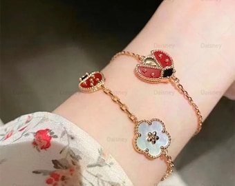 European Rose Gold Lucky Flower Ladybug Bracelet| Women's Simple Fashion Party High Quality Luxury Jewelry