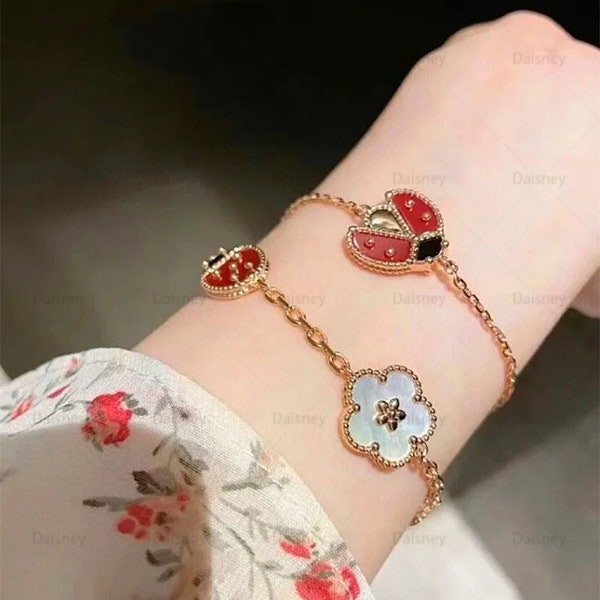 Europäisches Roségold-Glücksblumen-Marienkäfer-Armband | Frauen Einfache Mode Party-Qualitäts-Luxus-Schmuck