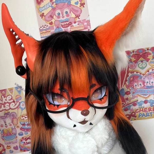 Fursuit Kig Head Fuchs Mädchen mit Brille, Piercing und Handschuhe Furry für Cosplay Handmade Halloween Karneval Kostüm Maske vorgefertigt