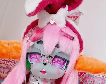 Fursuit Kig Head Zombie Kaninchen Set mit Karotte, Halsband und Mütze Furry für Cosplay Handmade Halloween Karneval Kostüm Maske
