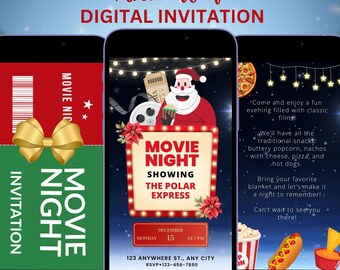 Christmas Movie Night Invitation, Animated Holiday Movie Night Invite, Santa Christmas Movie Party Invitation