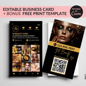 Tarjeta de visita de Instagram, tarjeta de visita de belleza negra y dorada, maquillador, cabello, peinado, pestañas, uñas, tarjeta de visita boutique, impresión