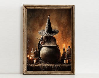Witch Cauldron Wall Art Printable, Gothic Poster, Dark Academia Painting Download
