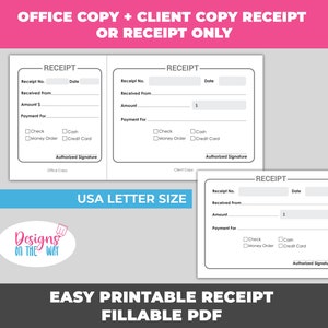 Printable Receipt Template with Copy Client and Office, Small Business Forms, Sales Receipt Template for Business, Fillable PDF Receipt