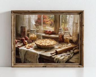 Impression de nature morte de tarte aux pommes, décoration de Thanksgiving de ferme rustique (téléchargement numérique)