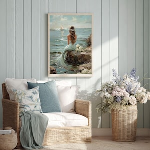 Vintage Coastal Mermaid Painting, Ocean Oil Print, Beachy Wall Art, Coastal Grandma Decor image 4