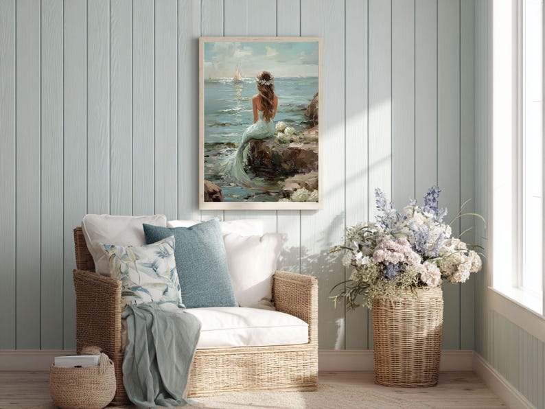 Vintage Coastal Mermaid Painting, Ocean Oil Print, Beachy Wall Art, Coastal Grandma Decor image 4