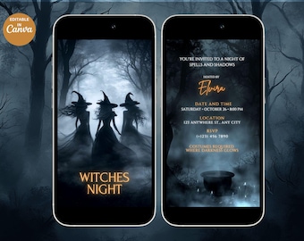 May include: Two smartphone screens displaying a Halloween invitation. The left screen shows three silhouetted witches in a misty forest with the text "Witches Night." The right screen has event details, including date, time, location, and RSVP information.