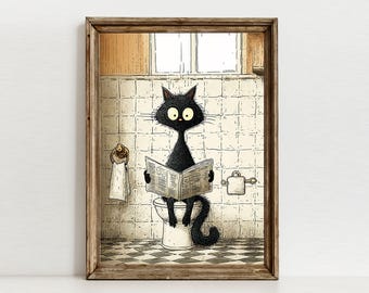 Funny Black Cat Toilet Reading Newspaper Bathroom Art Print (Digital Download)