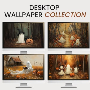 Halloween Wallpaper Bundle, Fall Cottagecore Desktop Backgrounds, Cute Ghost Computer Decoration, Autumn Aesthetic Digital, Laptop Wallpaper
