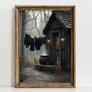 Puede incluir: Una impresión enmarcada representa una escena gótica con una cabaña de madera en un bosque brumoso. Prendas negras cuelgan de un tendedero. Un caldero burbujea cerca de la entrada de la cabaña, con una escoba apoyada en la pared. La obra tiene una estética oscura y gótica.