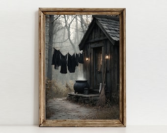 Häxhuskonsttryck, Vintage Halloween Cottagecore-dekor, Rustik stuga digital nedladdning