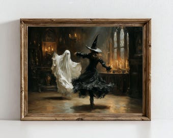 Spökhäxa som dansar, målning, vintage Halloween-väggkonst, Dark Academia-tryck (digital nedladdning)