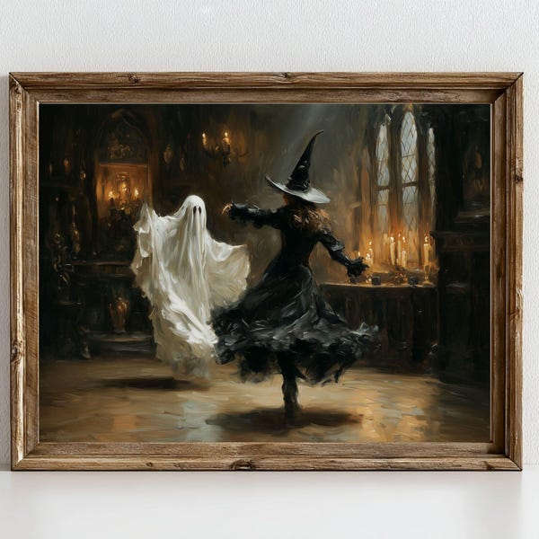 Ghost Witch Dancing Painting, Vintage Halloween Wall Art, Dark Academia Print (Digital Download)