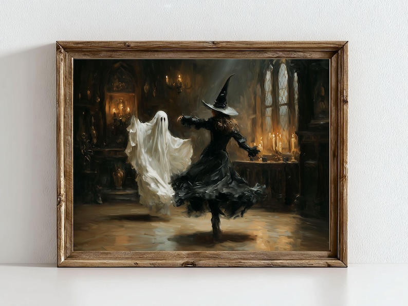 Spökhäxa som dansar, målning, vintage Halloween-väggkonst, Dark Academia-tryck (digital nedladdning) bild 1