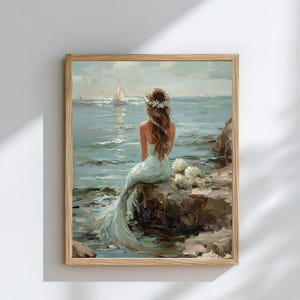 Vintage Coastal Mermaid Painting, Ocean Oil Print, Beachy Wall Art, Coastal Grandma Decor image 3
