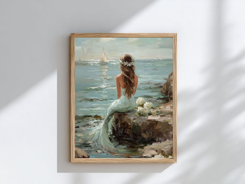 Vintage Coastal Mermaid Painting, Ocean Oil Print, Beachy Wall Art, Coastal Grandma Decor image 3