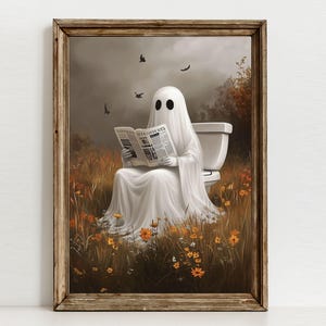 Ghost on Toilet Wall Art – Halloween Cute Ghost Bathroom in Flower Field – Ghost Painting - Spooky Ghost Print – Printable Fall Poster