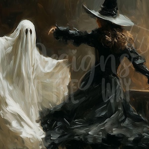 Spökhäxa som dansar, målning, vintage Halloween-väggkonst, Dark Academia-tryck (digital nedladdning) bild 7