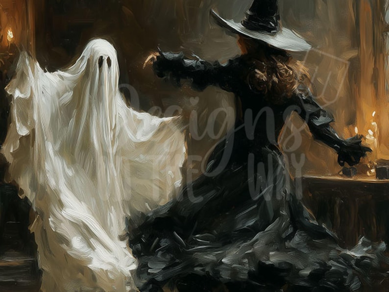 Spökhäxa som dansar, målning, vintage Halloween-väggkonst, Dark Academia-tryck (digital nedladdning) bild 7