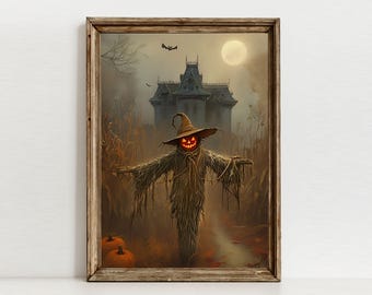 Halloween Scarecrow Print, Pumpkin Scarecrow Art, Vintage Harvest Decor, Digital Download