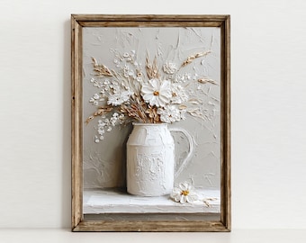 Rustieke botanische print, boerderijmuurkunst met textuur, neutraal bloemendecor, afdrukbare digitale download