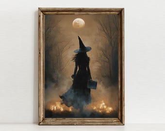 Dark Academia Witchy Decor, art sorcière lune, impression de sorcellerie vintage, art mural forêt