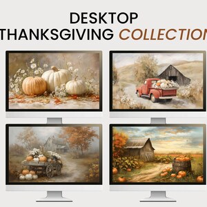 May include: Four computer monitors displaying autumn-themed digital art. The top displays show pumpkins and a red truck. The bottom displays show a cart of pumpkins and a barn. Text at the top reads "DESKTOP THANKSGIVING COLLECTION."