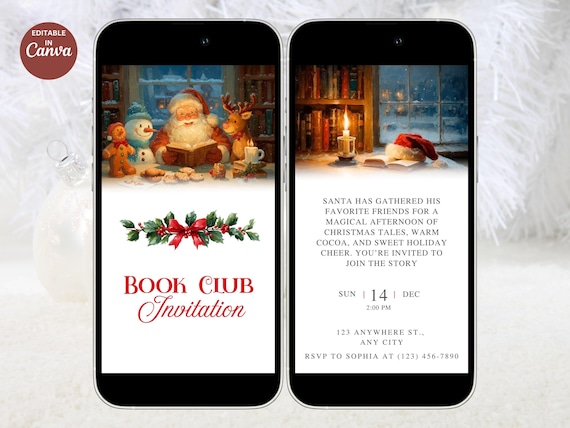 Animated Christmas Book Club Invitation, Storytime Santa (MP4, Canva)