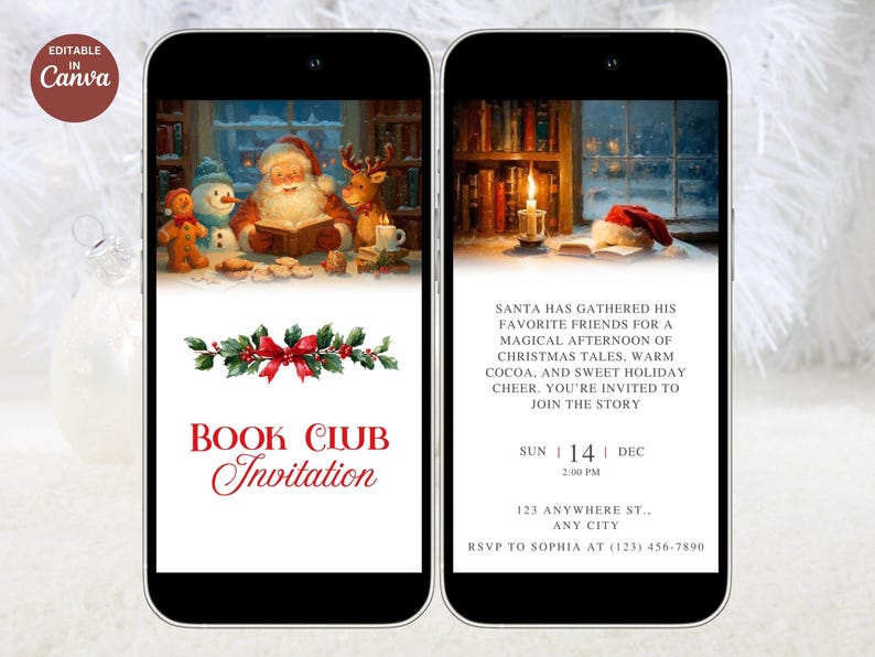 May include: A digital invitation on a smartphone screen for a Christmas-themed book club. The image features Santa Claus reading with friends, a festive holly and bow design, and the text "Book Club Invitation."