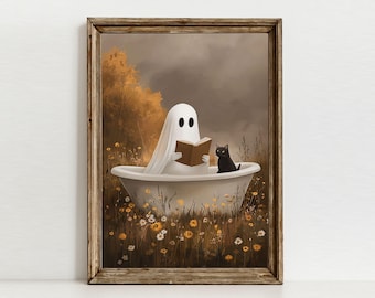 Livre de lecture fantôme et chat imprimé baignoire, art de la salle de bain effrayant, affiche déco lunatique