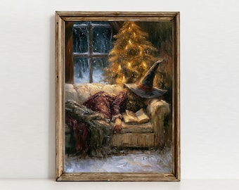 Textured Christmas Witch Painting, Witchy Cozy Reading Nook Decor, Digital Download