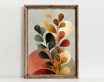 Impression abstraite de feuilles botaniques d'automne, impression moderne bio, décoration sombre dans les tons de terre olive terre cuite