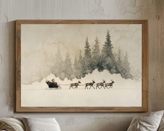 Vintage Santa Claus Reindeer Print, Moody Christmas Art (Digital Download)