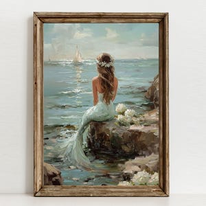Vintage Coastal Mermaid Painting, Ocean Oil Print, Beachy Wall Art, Coastal Grandma Decor image 1