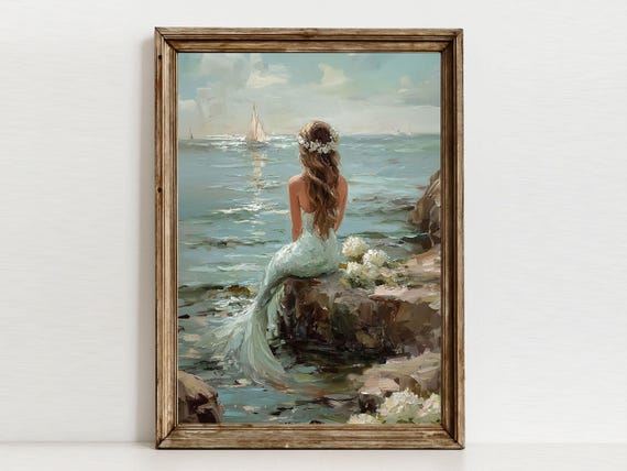 Vintage Coastal Mermaid Painting, Ocean Oil Print, Beachy Wall Art, Coastal Grandma Decor