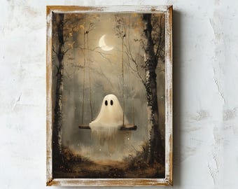 Impression vintage fantôme sur la balançoire - Art automne cottage - décoration d'Halloween antique - téléchargement numérique